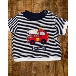 Vintage Baby Q 3-6M Fire Truck Shirt Navy Stripe 3D Applique Y2K Baby Bo